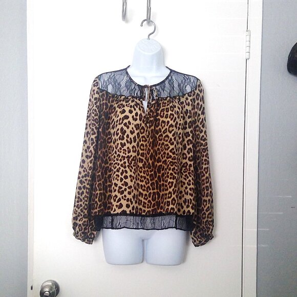 Zara Tops - Zara Basic Collection Leopard Print Boho Top V-Neck Black Lace Trim & Tie Sz S